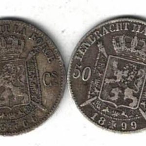 1866 & 1899 Belgium Silver Fifty Centimes Coin. The obverse features Leopold II facing left. The reverse features Crowned arms on ornate shield.