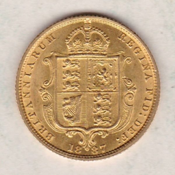 1887 Gold Half Sovereign Coin featuring Queen Victoria Jubilee Head on the Obverse and the shield design on the Reverse in high grade.