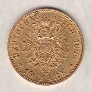 1888 A Germany Gold Ten Mark coin featuring the bust of Friedrich III on the obverse. The crowned imperial eagle on the reverse.