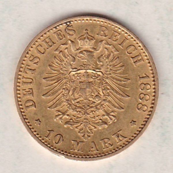 1888 A Germany Gold Ten Mark coin featuring the bust of Friedrich III on the obverse. The crowned imperial eagle on the reverse.