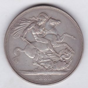 1888 Narrow Date Silver Crown Coin featuring Queen Victoria Jubilee head on the Obverse and the St George & dragon design on the reverse.