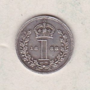 1888 Silver Maundy Penny coin featuring Queen Victoria on the obverse. A central crowned denomination above the date on the reverse.