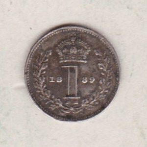 1889 Silver Maundy Penny coin featuring Queen Victoria on the obverse. A central crowned denomination above the date on the reverse.