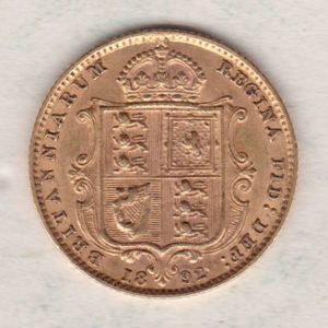 1892 Gold Half Sovereign Coin featuring Queen Victoria Jubilee Head on the Obverse and the shield design on the Reverse in extremely fine condition.