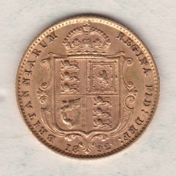 1892 Gold Half Sovereign Coin featuring Queen Victoria Jubilee Head on the Obverse and the shield design on the Reverse in extremely fine condition.