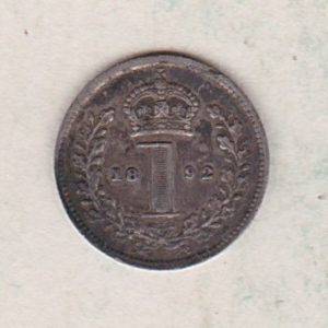 1892 Silver Maundy Penny coin featuring Queen Victoria on the obverse. A central crowned denomination above the date on the reverse.