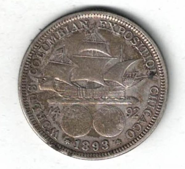 1893 USA Columbian Exposition Silver Half Dollar Coin. The obverse features Christopher Columbus. The reverse features the sailing ship Santa Maria.