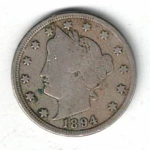 1894 USA Liberty Nickel Five Cents Coin. The Obverse features 13 stars around Liberty, date below. The reverse features a V within a wreath.