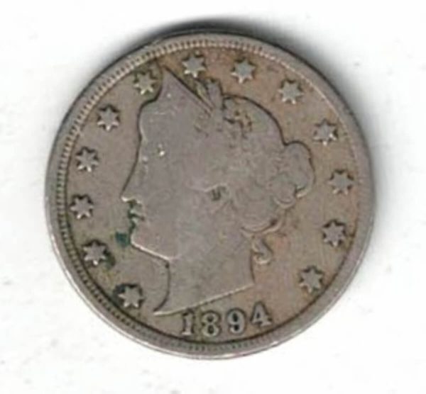 1894 USA Liberty Nickel Five Cents Coin. The Obverse features 13 stars around Liberty, date below. The reverse features a V within a wreath.