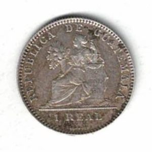 1895 H Guatemala Silver One Real Coin. The reverse features a seated female figure with denomination at the bottom. All coins are in stock.