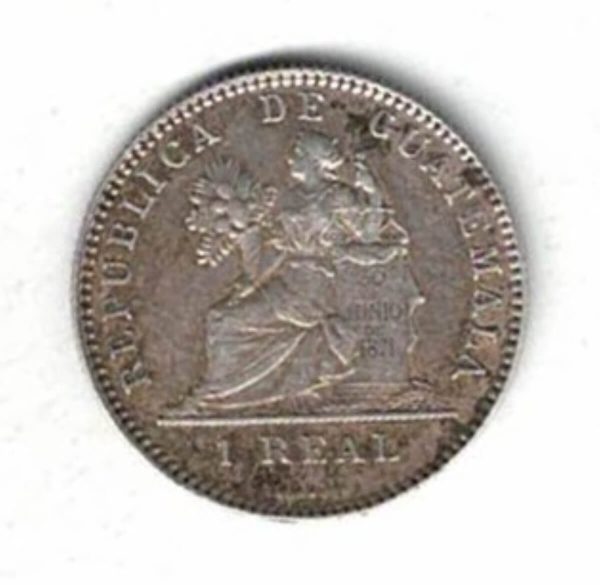 1895 H Guatemala Silver One Real Coin. The reverse features a seated female figure with denomination at the bottom. All coins are in stock.