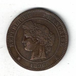 1896 A France Bronze Ten Centimes Coin. The obverse features the head of the Republic on the left as Ceres. The reverse features a wreath with value.