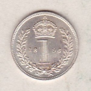 1896 Silver Maundy Penny coin featuring Queen Victoria on the obverse. A central crowned denomination above the date on the reverse.
