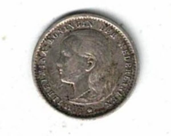 1896 Netherlands Silver Ten Cents coin. The obverse features Queen Wilhelmina. The reverse has the value and date within a wreath.