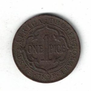 1898 East Africa Bronze One Pice Coin. The obverse features Queen Victoria facing left. The reverse features the value in centre.