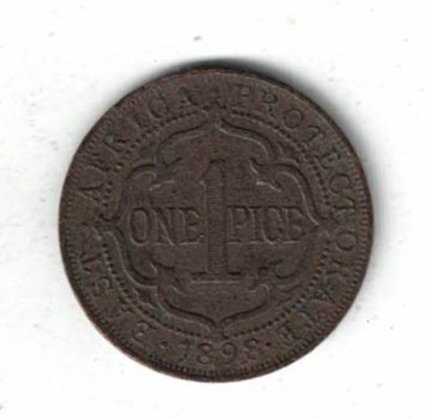 1898 East Africa Bronze One Pice Coin. The obverse features Queen Victoria facing left. The reverse features the value in centre.