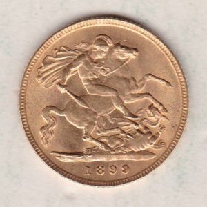 1899 Gold Half Sovereign Coin featuring Queen Victoria Old Head on the Obverse and George & the Dragon on the Reverse in a plastic coin envelope.