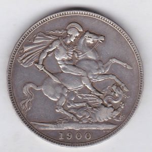 1900 LXIII silver crown Silver Crown Coin featuring Queen Victoria old head or vailed head on the Obverse and the St George & dragon design on the reverse.
