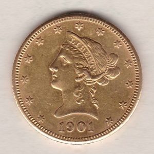 1901 S USA Ten Dollars coin featuring the bust of Liberty surrounded by 13 stars on the Obverse and the eagle on an olive branch on the Reverse.