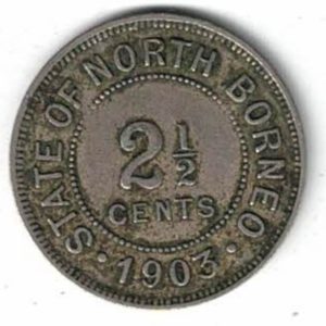 1903 H British North Borneo Two And Half Cents. The obverse features the coat of arms with mint mark. The reverse features the value with date.