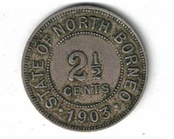 1903 H British North Borneo Two And Half Cents. The obverse features the coat of arms with mint mark. The reverse features the value with date.