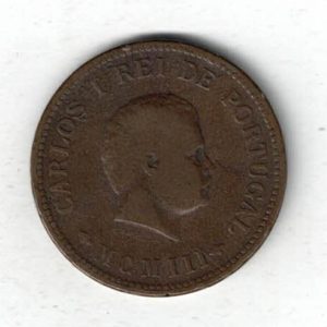 1903 Portuguese India Bronze Half Tanga Coin. The obverse features the portrait of Charles I. The reverse features the crowned arms with denomination.