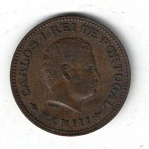 1903 Portuguese India Bronze Quarter Tanga Coin. The obverse features the portrait of Charles I. The reverse features the crowned arms with denomination.