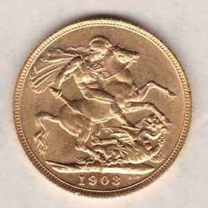 1903 S Gold Sovereign Coin. The coin features King Edward VII on the Obverse. St George and the dragon on the reverse. The S Sydney, Australia Mintmark.