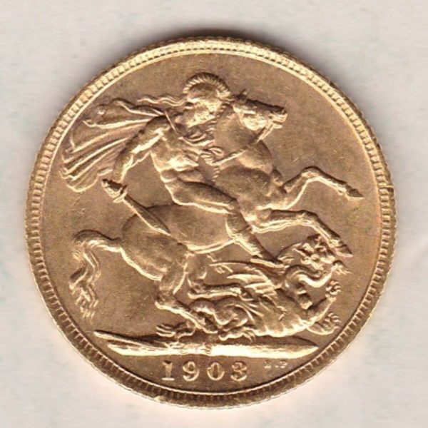 1903 S Gold Sovereign Coin. The coin features King Edward VII on the Obverse. St George and the dragon on the reverse. The S Sydney, Australia Mintmark.