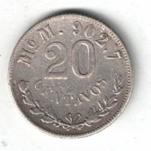 1903 Zs Z Mexico Silver Twenty Centavos Coin. The obverse features the national arms; eagle with snake in beak. All coins are in stock.