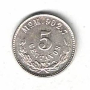 1904 Mo M Mexico Silver Five Centavos Coin. The obverse features an eagle with snake in beak. The reverse features the denomination.