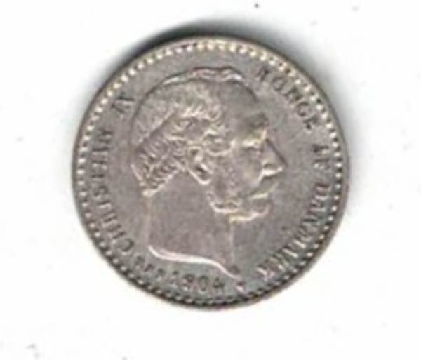 1904 VBP Denmark Silver Ten Ore Coin. The obverse features the portrait of Portrait of Christian IX facing right. The reverse features the value.