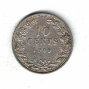 1905 Netherlands Silver Ten Cents coin. The obverse features Queen Wilhelmina. The reverse has the value and date within a wreath.