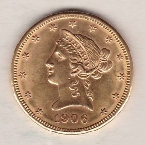 1906 D USA Ten Dollars coin featuring the bust of Liberty surrounded by 13 stars on the Obverse and the eagle on an olive branch on the Reverse.