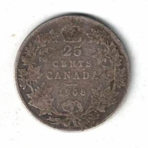 1908 Canada Silver Twenty Five Cent Coin. The obverse side of the coin features Edward VII facing right. All coins are in stock.