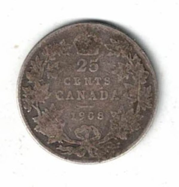 1908 Canada Silver Twenty Five Cent Coin. The obverse side of the coin features Edward VII facing right. All coins are in stock.