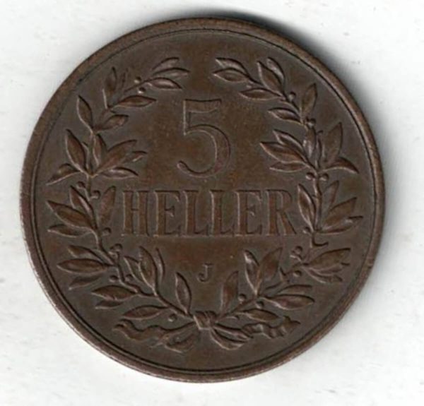 1908 J German East Africa Bronze Five Heller Coin. The obverse features a crown with date below. The reverse features a wreath with denomination.