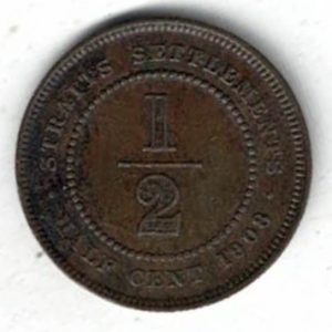 1908 Straits Settlements Bronze Half Cent Coin . The obverse features the bust of Edward VII facing right. All coins are in stock.
