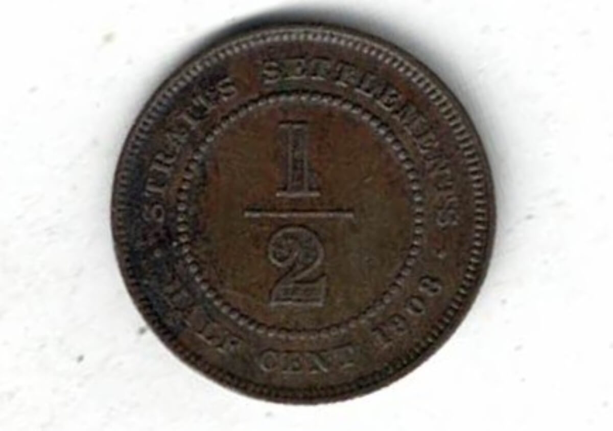 1908 Straits Settlements Bronze Half Cent Coin . The obverse features the bust of Edward VII facing right. All coins are in stock.