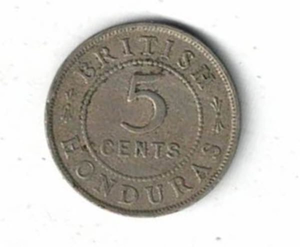 1911 British Honduras Five Cent Coin. The obverse features George V facing left. The reverse features the denomination within circle.