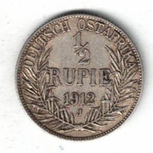 1912 J German East Africa Silver Half Rupee Coin. The obverse features the bust of Wilhelm II facing left. All coins are in stock.