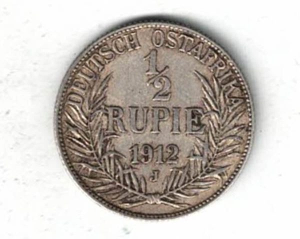 1912 J German East Africa Silver Half Rupee Coin. The obverse features the bust of Wilhelm II facing left. All coins are in stock.