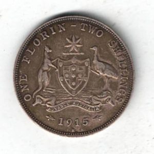 1915 H Australia Silver One Florin. The obverse features the bust of George V facing Left. the reverse features the Australia coat of arms.