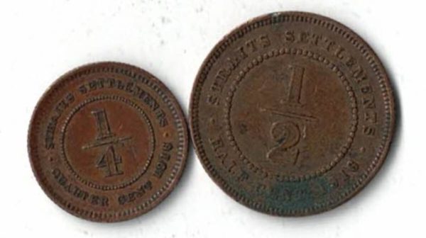 1916 Straits Settlements Bronze Half And Quarter Cent Coins. The obverse features the bust of George V facing left. All coins are in stock.