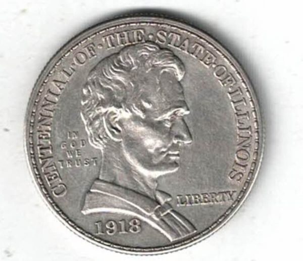 1918 USA State Of Illinois Silver Half Dollar Coin. The obverse features the bust of Abraham Lincoln. The reverse features an eagle and shield. 