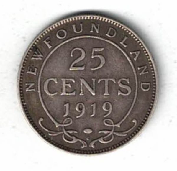 1919 C Newfoundland Canada Silver Twenty Five Cent Coin. The obverse side of the coin features King George V facing left. All coins are in stock.