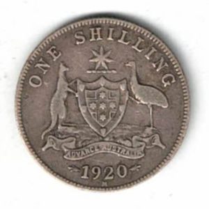 1920 M Australia Silver One Shilling. The obverse features the bust of George V facing left. the reverse features the Australia coat of arms.