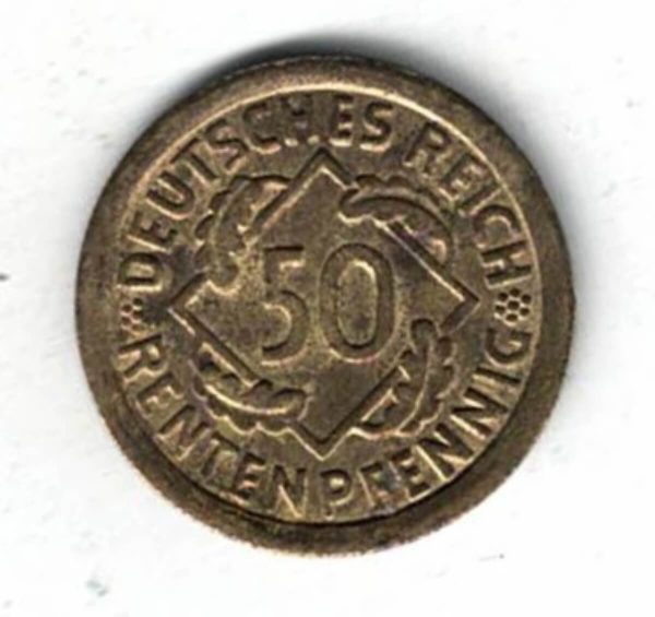1923 G Germany Weimar Republic Fifty Rentenpfennig Coin. The obverse features the denomination with a rhombus and four oak leaves.