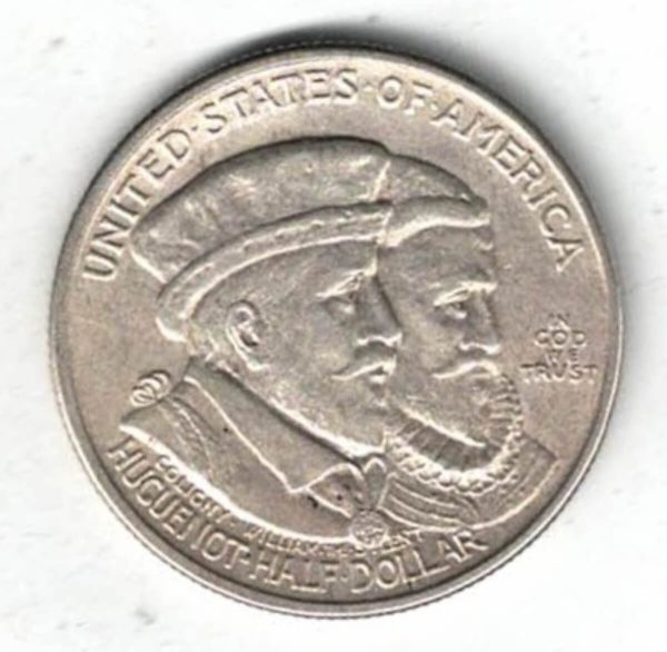 1924 USA Huguenot Walloon Tercentenary Silver Half Dollar Coin. The obverse features Gaspard de Coligny and Wilem I Prince of Orange.