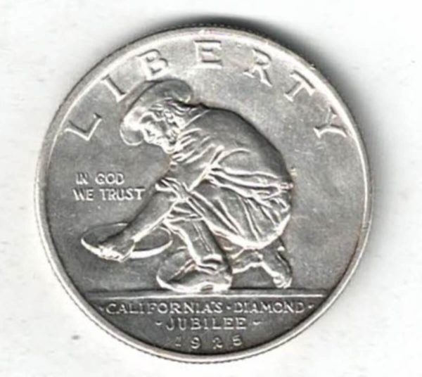 1925 S USA California Diamond Jubilee Silver Half Dollar Coin. The obverse features a forty niner panning for gold. The reverse features a grizzly bear.